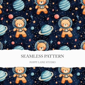 Aquarell Weltraum Bär Muster, nahtloser Bär Hintergrund, niedlicher Astronauten Bär Druck, Weltraum Bär Stoffdesign, kommerzielle Nutzung, Kinder nahtlos