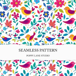 Pode incluir: Um padrão sem costura com pássaros, flores e folhas coloridos sobre um fundo branco. O padrão é intitulado "Seamless Pattern" e "Poppy Lane Studio".