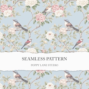 May include: A seamless pattern with birds, pink and white flowers, and branches on a light blue backdrop. The text "SEAMLESS PATTERN" and "POPPY LANE STUDIO" are displayed on a white torn paper banner.