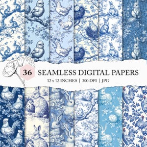 Toile de Jouy azul de Pascua, papel digital sin costuras de Pascua, toile de pollo, papel de conejo, patrón vintage de Pascua sin costuras, fondo de Pascua