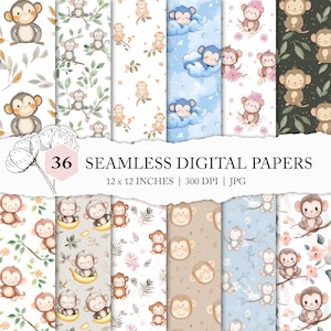 Puede incluir: 36 papeles digitales con ilustraciones de monos lindos en varios estilos. Los papeles incluyen monos con plátanos, monos durmiendo en nubes, monos con flores y monos en entornos de selva. Los papeles son de 12x12 pulgadas y 300 DPI.