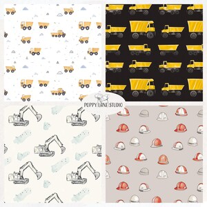May include: Four digital paper patterns featuring construction vehicles and tools. The first pattern is white with yellow dumper trucks, the second is black with yellow dumper trucks, the third is white with black excavators, and the fourth is grey with red and white hard hats.