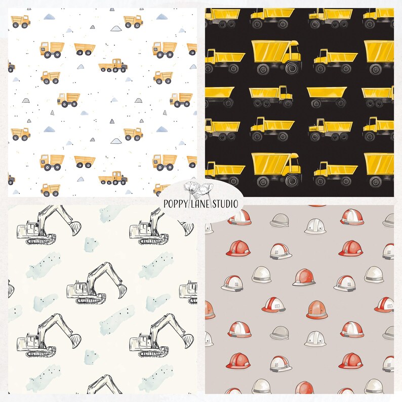 May include: Four digital paper patterns featuring construction vehicles and tools. The first pattern is white with yellow dumper trucks, the second is black with yellow dumper trucks, the third is white with black excavators, and the fourth is grey with red and white hard hats.