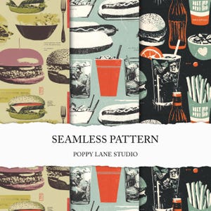 May include: Seamless pattern featuring illustrations of burgers, hot dogs, fries, soda, and other fast food items. The design includes a variety of colors, including red, blue, and yellow, with the text "SEAMLESS PATTERN" and "POPPY LANE STUDIO".
