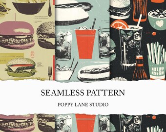 seamless junk food pattern, retro burger digital paper, hot dog background, vintage fabric design, 1950s digital paper, fast food printable