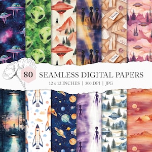 watercolor UFO seamless pattern, alien digital paper, I want to believe, seamless E.T. pattern, UFO background, universe galaxy space planet