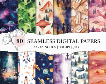 watercolor UFO seamless pattern, alien digital paper, I want to believe, seamless E.T. pattern, UFO background, universe galaxy space planet