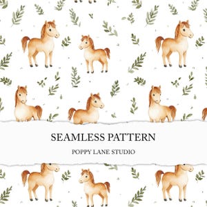 May include: A seamless pattern featuring watercolor illustrations of brown horses and green leaves on a white background. The text "Seamless Pattern" and "Poppy Lane Studio" is displayed on a white banner.