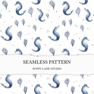simple seahorse seamless pattern, modern coastal pattern, seamless nautical background, blue seahorse print, ocean animals digital pattern