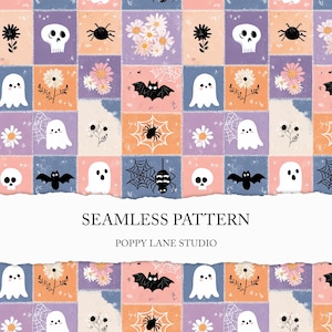 May include: A seamless pattern with a patchwork design, featuring Halloween illustrations. The design includes ghosts, bats, spiders, skulls, and flowers in various colours, with the text "SEAMLESS PATTERN" and "POPPY LANE STUDIO".