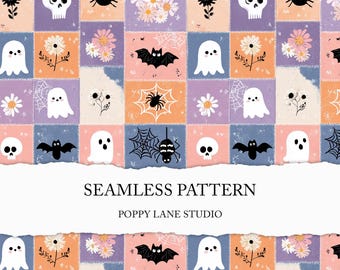 Halloween patchwork background, pastel ghost seamless pattern, girly Halloween scrapbook paper, spooky seamless, seamless pastel ghost JPEG