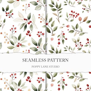 cute red berry pattern, watercolour berries and leaves, seamless botanical background, seamless berry pattern, red berry digital paper JPEGs