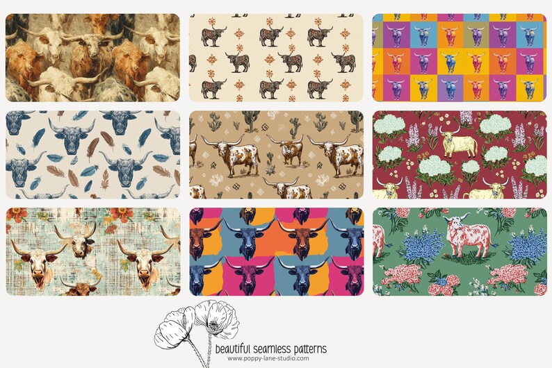 Texas Repeating Vector Texas Longhorn Background, Repeating Cow Pattern, Watercolour Cattle ...
