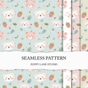 cute kawaii bear seamless pattern, strawberry bear background, cute bear seamless file, printable baby fabric design, children's seamless