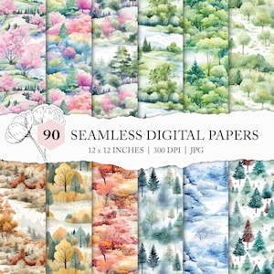 four seasons digital paper, watercolour season landscape pattern, spring summer autumn winter, seamless forest pattern, seasonal background