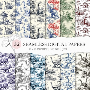 papel digital de dinosaurio, patrón de toile jurásico, toile de jouy de dinosaurio, papel dino, patrón sin costuras de dinosaurio, triceratops t-rex prehistórico