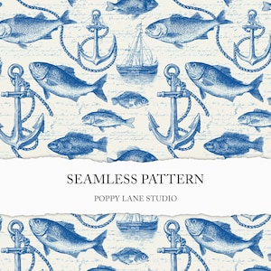 motif nautique sans couture, fond de toile côtière, toile de jouy poisson sans couture, motif en tissu de fruits de mer, bateau papier numérique marine sans couture