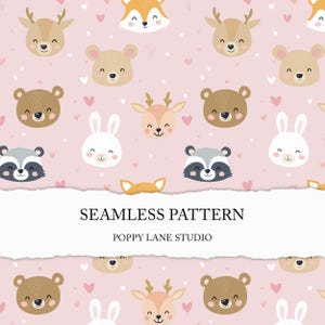 Animaux de la forêt roses sans couture, joli motif sans couture d'animaux des bois, fond animal, papier numérique pour filles, cerf ours lapin raton laveur renard