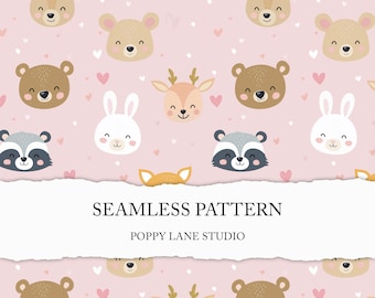 pink forest animals seamless, cute woodland animals seamless pattern, animal background, girls digital paper, deer bear rabbit raccoon fox