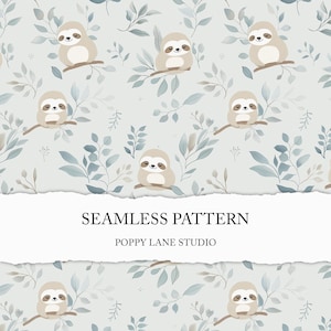 Op de afbeelding: Een naadloos patroon met cartoon luiaards op takken te midden van blauwgroene bladeren. De luiaards zijn beige met donkerbruine ogen, tegen een lichtblauwe achtergrond. De tekst "SEAMLESS PATTERN" en "POPPY LANE STUDIO" worden weergegeven.