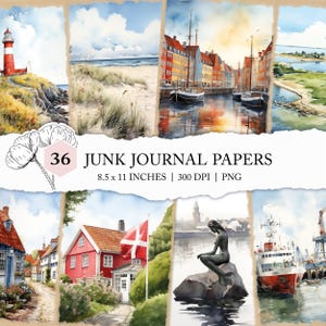 Páginas de diario de viaje de Dinamarca, diario basura de Europa, postal de Dinamarca en acuarela, papel digital de Escandinavia, impresión de álbum de recortes, paisaje danés