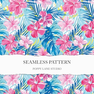 adretter hawaiianischer Hintergrund, nahtloses Hibiskusmuster, rosa blaues Hawaii beachy tropisches mit Blumen, Hibiskus nahtloses Muster, beachy Hintergrund