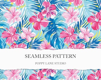 preppy Hawaiian background, seamless hibiscus pattern, pink blue Hawaii beachy tropical floral, hibiscus seamless pattern, beachy background