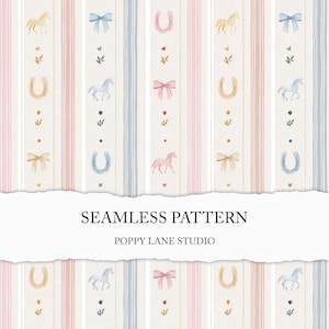 Puede incluir: Patrón sin costuras con rayas verticales en crema, rosa y azul. El diseño presenta ilustraciones de acuarela de caballos, lazos, herraduras y detalles florales. El texto "SEAMLESS PATTERN" y "POPPY LANE STUDIO" también es visible.
