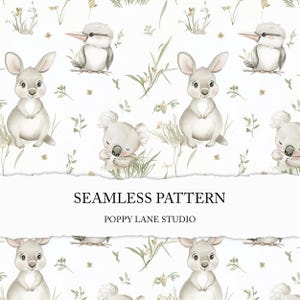 watercolour Australian animal pattern, gender neutral nursery, cute kangaroo background, baby koala digital paper, kids seamless Australia