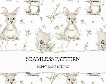 watercolour Australian animal pattern, gender neutral nursery, cute kangaroo background, baby koala digital paper, kids seamless Australia