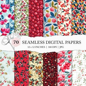 cranberry seamless pattern, seamless cranberry background pattern, red berry pattern, seamless cranberry digital paper, red berry background