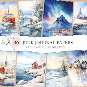 Skandinavische Winter Postkarten, Aquarell Skandinavisches Reisejournal, arktische Winter Landschaftsdrucke, Skandinavische Urlaubs Junk Journal