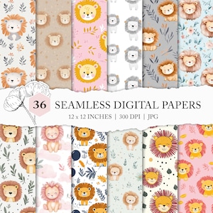Patrón de león sin costuras, lindo papel digital de león, adorables estampados de animales africanos, diseño de tela personalizado, sin costuras para niños, fondo de león