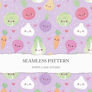 Adorable impression sur tissu végétal, motif végétal sans couture, fond végétal kawaii, motif numérique alimentaire kawaii sans couture, usage commercial