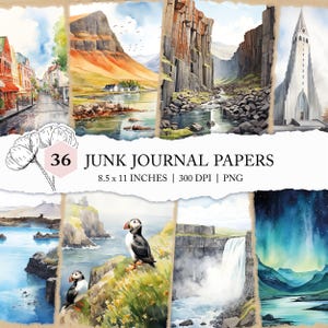 Cartes postales d'Islande, journal de voyage scandinave à l'aquarelle, impressions de paysages d'Islande, vacances en Islande, pages de journal indésirable PNG, souvenir de voyage
