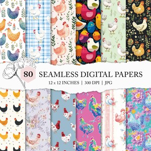 seamless chicken pattern, chicken background, rooster pattern, farm animal seamless, chicken scrapbook paper, cottagecore chicken printable