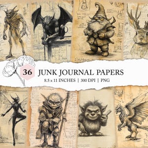 Schizzi di folklore europeo, creature mitiche stampabili, stampe di favole criptiche, pagine di diario spazzatura, carta di mostri leggendari, creature fantasy