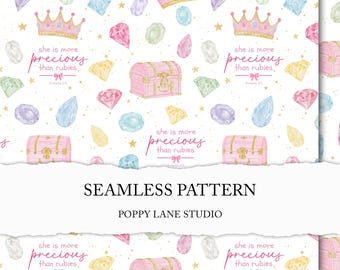 diamonds seamless file, baby girl fabric design, seamless precious jewels pattern, pink princess background, digital nursery pattern, crown