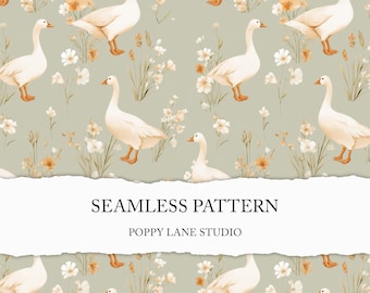 watercolour goose seamless pattern, beige farm animal background, seamless geese file, modern farmhouse printable fabric, autumn floral JPEG
