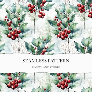 green and red Christmas holly background, watercolor holly and berries, seamless Christmas pattern, seamless holly pattern, traditional Xmas