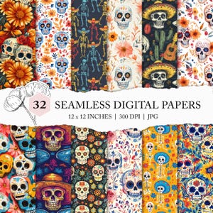 Fundo Día de Muertos, papel digital Los Muertos, Muertos sem costura, padrão vibrante de caveira sem costura, Dia dos Mortos, celebração mexicana