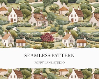 watercolour landscape background, seamless house pattern, village scrapbook paper, instant download, country cottages printable, rural print
