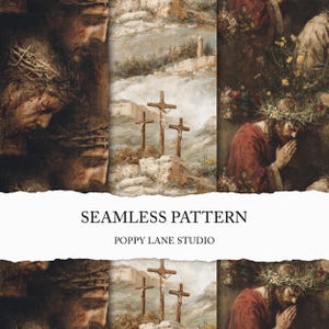 Könnte beinhalten: Nahtloses Muster mit religiösen Kunstwerken im Vintage-Stil. Das Design umfasst Darstellungen von Jesus mit einer Dornenkrone, Kreuzen und einer Landschaft. Der Text "SEAMLESS PATTERN" und "POPPY LANE STUDIO" ist ebenfalls sichtbar.