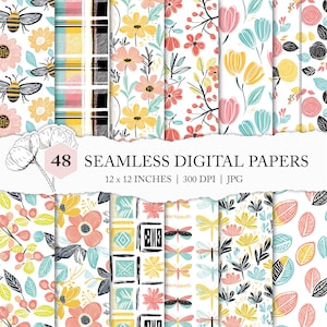 colourful spring floral digital paper, neon flower scrapbook paper, preppy floral seamless pattern, modern flower background, spring design