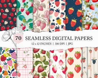 strawberry digital paper, seamless strawberry pattern, strawberry background, strawberry seamless file, fruit pattern, summer digital paper