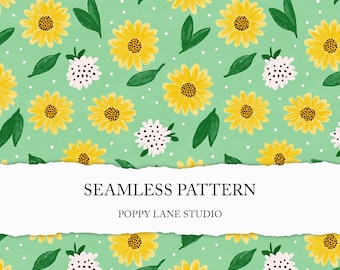 cute sunflower seamless pattern, simple sunflower digital file, yellow flower background, cute summer printable paper, seamless floral JPEG