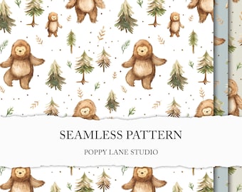 seamless Sasquatch background, baby bear pattern, Bigfoot scrapbook paper, Sasquatch seamless file, cryptid printable paper nursery seamless