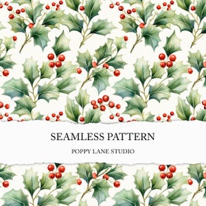 green and red Christmas holly background, watercolor holly and berries, seamless Christmas pattern, seamless holly pattern, traditional Xmas