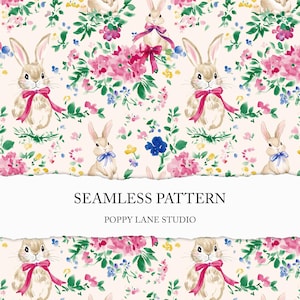 May include: A seamless pattern featuring watercolor illustrations of bunnies with ribbon bows, surrounded by pink, blue, and green floral elements. The text "SEAMLESS PATTERN" and "POPPY LANE STUDIO" are displayed.