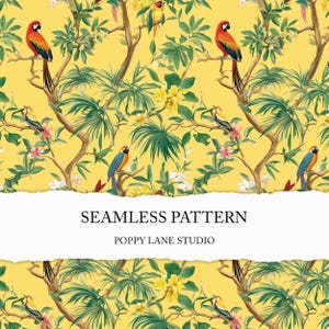 gele chinoiserieachtergrond, tropisch chinoiserie digitaal papier, naadloos patroon exotische vogels, naadloze papegaai, jungle chinoiseriepatroon